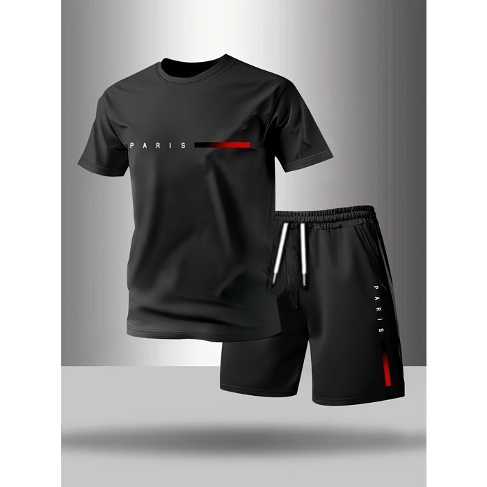 Ensemble sport homme – Col rond manches courtes + short – Idéal pour lété le sport et le quotidien Noir