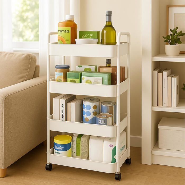 Chariot De Rangement À Roulettes 4 Niveaux Étagère Mobile Multifonction Pour Cuisine Bureau Salle De Bain Et Petits Espaces Blanc