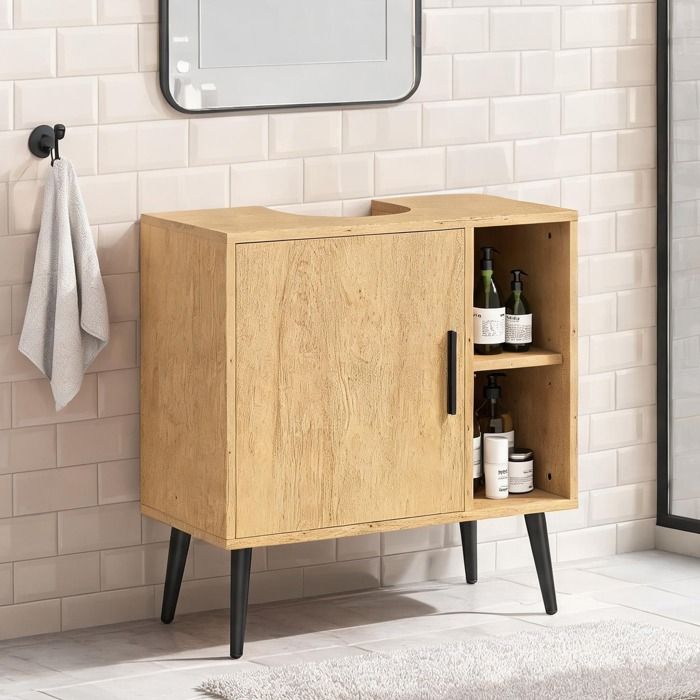 Meuble sous lavabo 60 cm avec porte amortie et étagère panneau de particules effet chêne