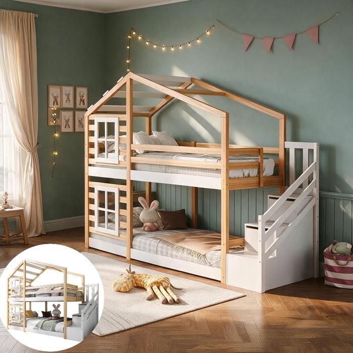 Lit Mezzanine Cabane Superposé 90x200 cm avec Escalier Rangement - Lit Superposé Cabane Enfant - Lit au Sol - Sommier Inclus - Blanc