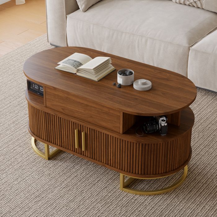 Table basse ovale réglable en hauteur avec espace de rangement 100 × 50 × 64 cm couleur noyer
