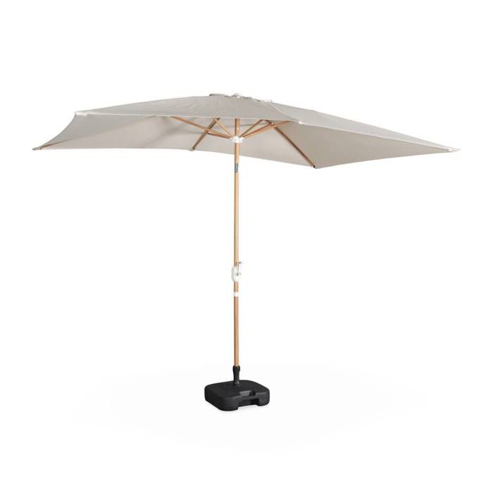 Parasol droit sable rectangulaire 2x3m. mât central imitation bois en aluminium orientable et manivelle d'ouverture