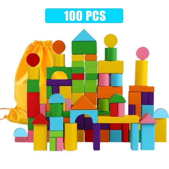 100 pièces avec sac-Ensemble de blocs de construction en bois avec sac ...