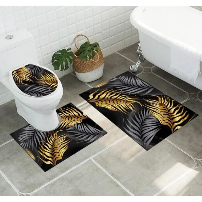 Ensemble Tapis De Salle De Bain 3 Pièces Antidérapant - Motif Lignes Noires, Contour WC Et Coussin Siège - 11