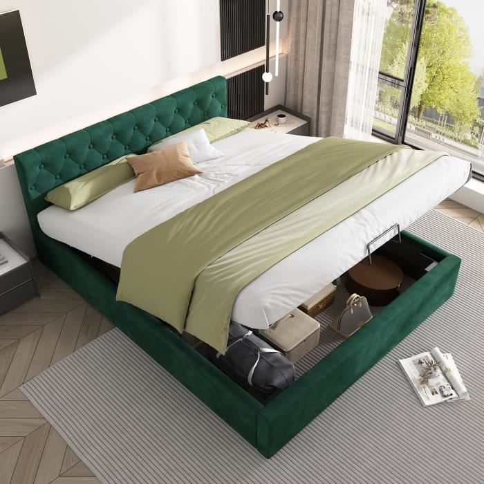 lit capitonné - 140 x 200 cm - avec coffre de lit en tissu velours, sommier à lattes - vert
