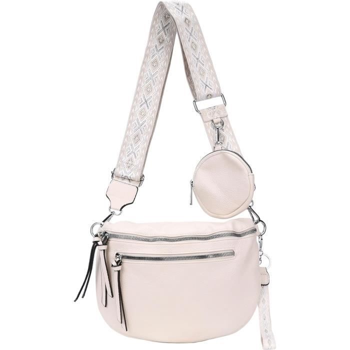 Sac Banane / Bandoulière Femme Beige à Pompon - Taille 27x22x11cm - Multicolore à Fleurs - Neuf