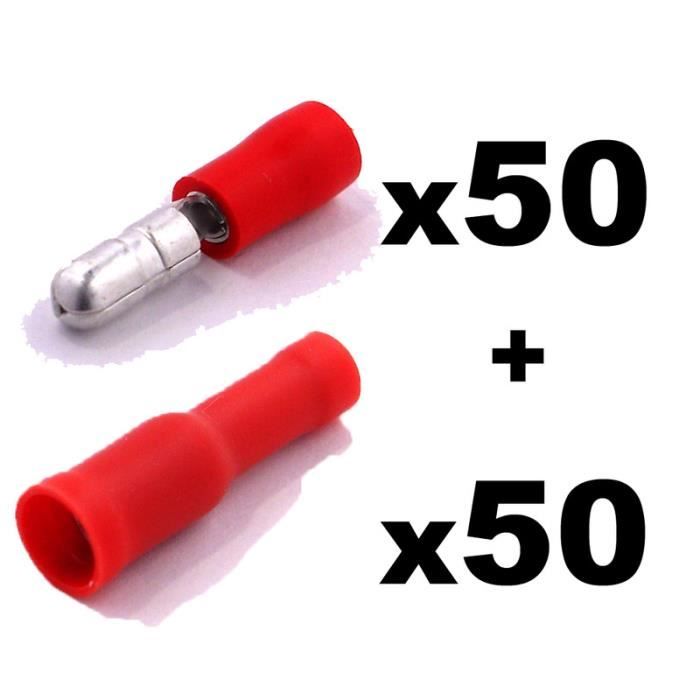 100 x Cosse Electrique Cylindriques Rouge (50x Male et 50x