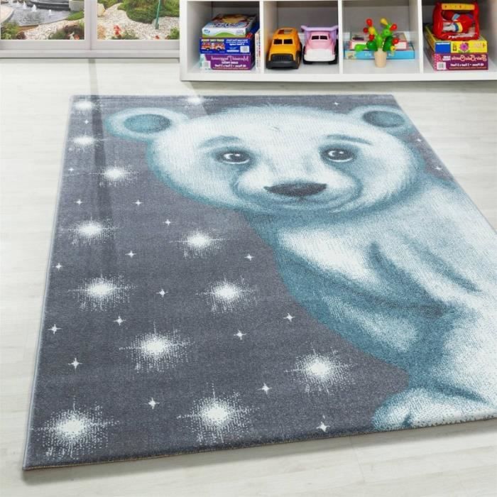 Tapis Enfant Chambre De Bebe Motif Ours Bleu Gris Blanc 80x150 Cm Cdiscount Maison