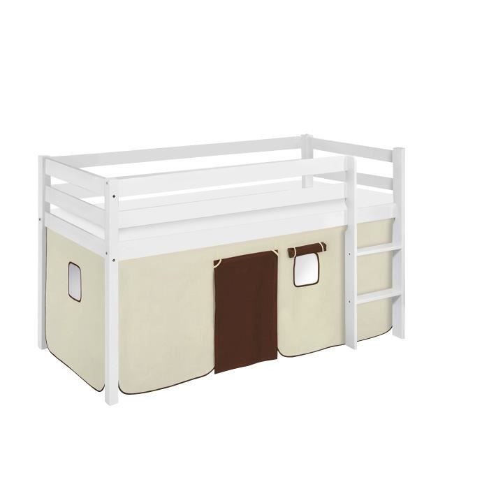 Lit surélevé ludique JELLE marron beige - avec rideaux - LILOKIDS- blanc laqué