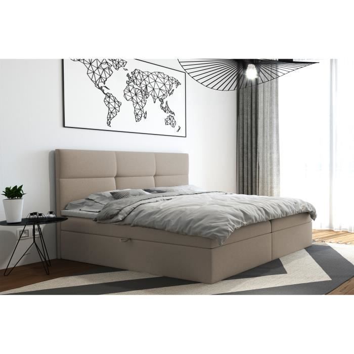 Lit adulte 160x200 cm TOP avec matelas ressorts intégrés rangement et surmatelas - tissu velours – beige