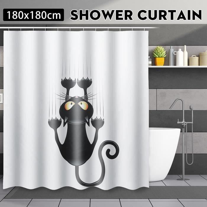 Rideau de Douche Chat Salle de Bains avec 12 Anneaux Crochets 180x180cm