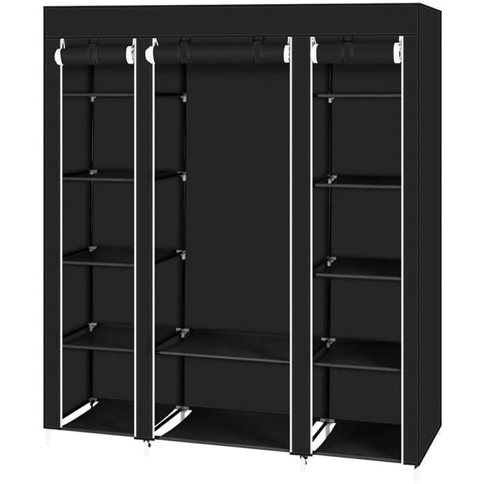Armoire en Tissu - 163 - Noir - Tringle à vêtements amovible - 12 étagères de rangement