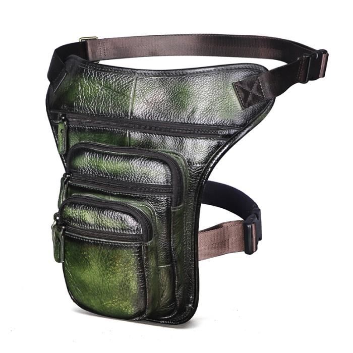 Le'aokuu Sac De Jambe En Cuir Véritable Pour Hommes - Sac Banane Cuir à La Taille Ou Cuisse Pour Randonnée, Moto Et Sports (2141 B Noir)