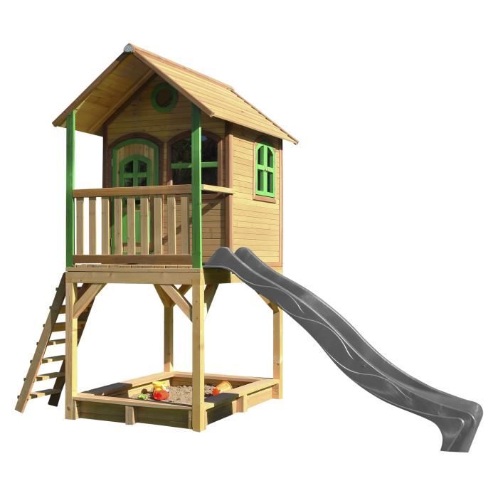 Maison Enfant AXI Sarah avec Bac à Sable & Toboggan gris | Aire de Jeux pour l'extérieur en marron & vert