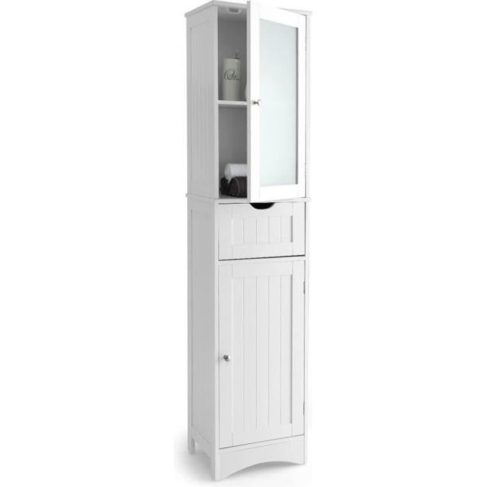GIANTEX Meuble Colonne de Salle de Bain 170 cm avec 1 Tiroir et 2 Portes en Verre Trempé Armoire Haute 2 Étagères Réglables Blanc
