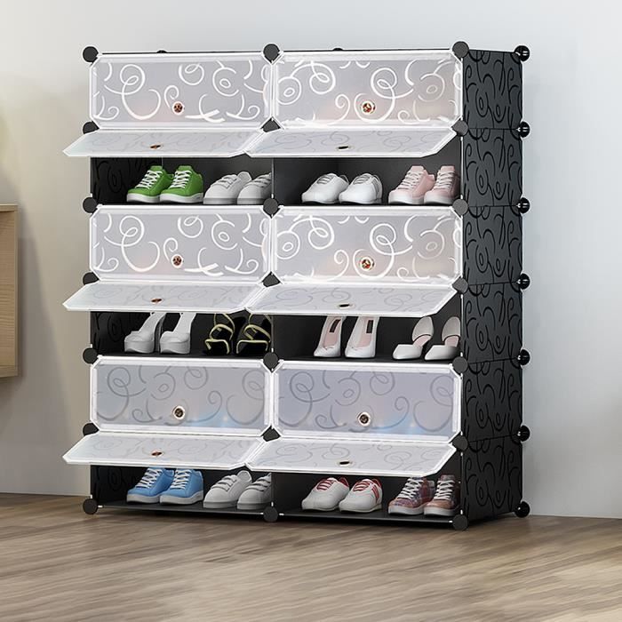 armoire à chaussures en plastique jeobest - meuble a chaussures - 6 couches - noir - abs+pp