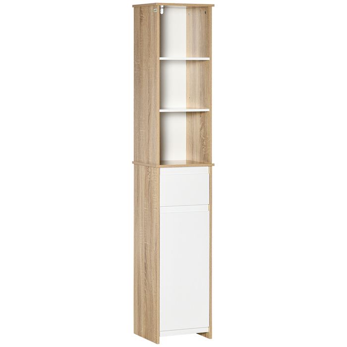 kleankin - Meuble colonne de salle de bain - Panneaux MDF classe E1 - 32.6x30x171.2cm - Blanc Bois naturel