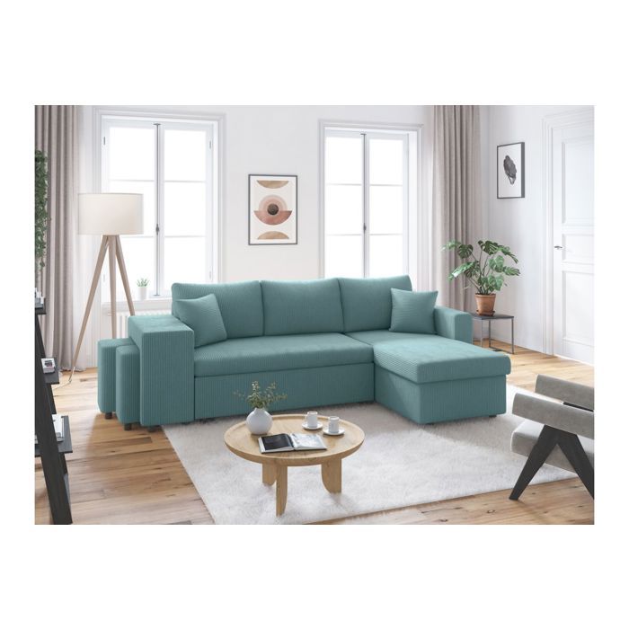 Canapé dangle réversible convertible OSLO avec coffre 2 poufs à gauche en velours côtelé bleu - L241 x P146 x H81cm - LOUNGITUDE Canapé dangle réversible convertible OSLO avec coffre 2 poufs à gauche en velours côtelé bleu - L241 x P146 x H81cm - LOUNGITUDE