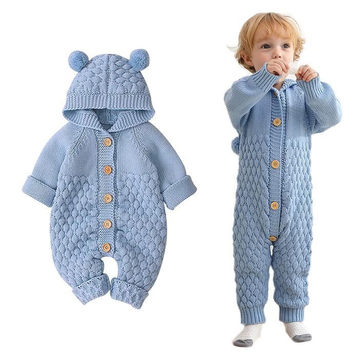 MINTGREEN Nouveau-né bébé Capuche tricoté Barboteuse Hiver Combinaison Salopette Combinaison pour garçons Filles Bleu 3-24 Mois