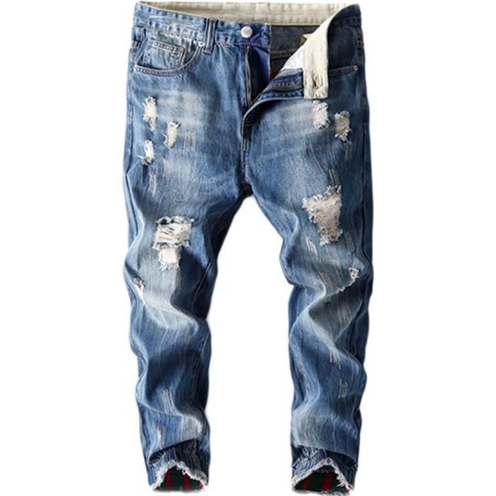 hommes jeans déchiré effet usé troué occasionnels regular fit jeans grande taille lâche stretch coleur unie cône sarouel,bleu