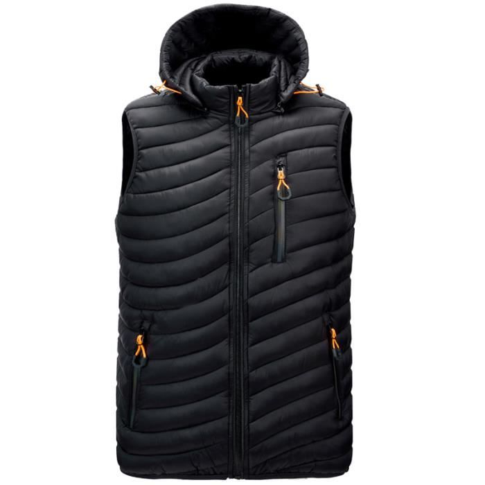 Doudoune Homme,Sans Manche Doudoune avec Capuche avec Zippé,Veste Ourlet arrondi en Duvet Chaud en Automne et Hiver-Noir