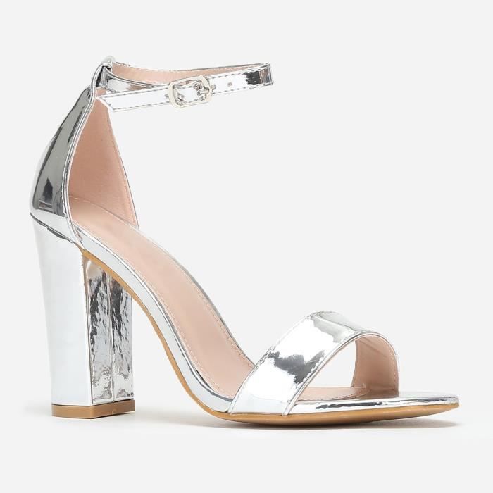 sandale talon carre argent