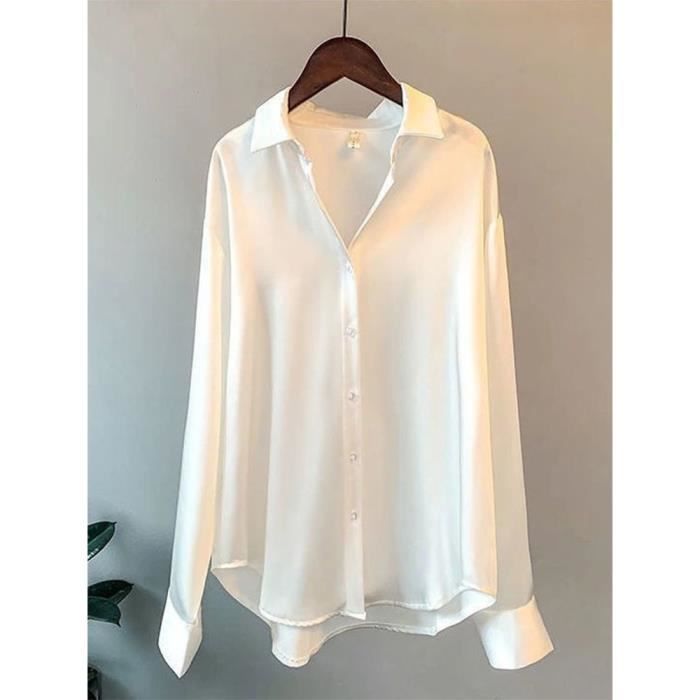 Chemisier En Satin Boutonné Manches Longues Col V Élégant Pour Femme