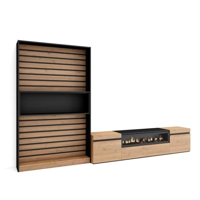 ensemble meuble tv - skraut home - 210cm - chêne et noir - cheminée électrique