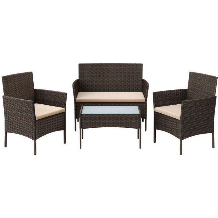SONGMICS Salon de Jardin ExtérieurSurface Tressée en PE Table et Chaises pour Terrasse Jardin Balcon Marron et Taupe GGF004K05