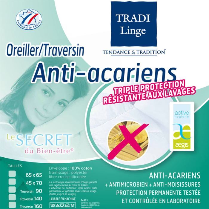 Oreiller Aegis - Anti-acariens - Hygiène parfaite Triple Protection !  BLEU CALIN