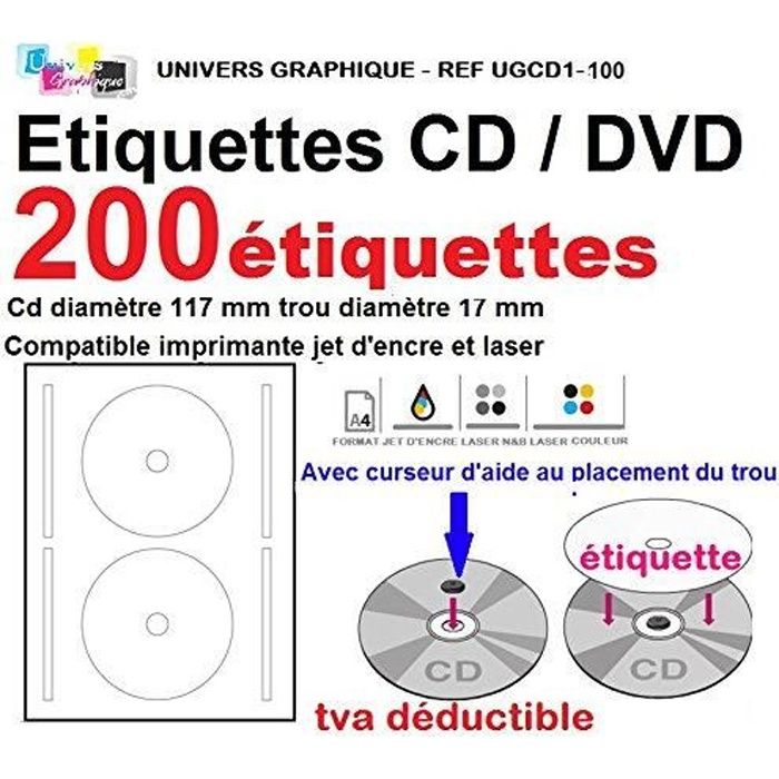 200 étiquettes CD - DVD autocollantes standard diamètre 117 mm + trou 17 mm -avec curseur de placement – feuille de 2 étiquettes –