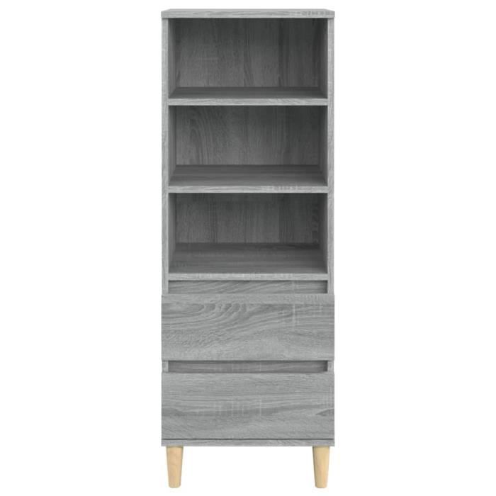 Buffet Haut Gris Béton 40x36x110 Cm - Bois D'ingénierie, 3 étagères, 2 Tiroirs - Meuble Rangement Salon