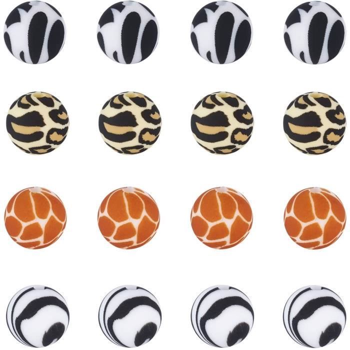 Lot de 20 perles rondes en silicone imprimé léopard pour fabrication de ...