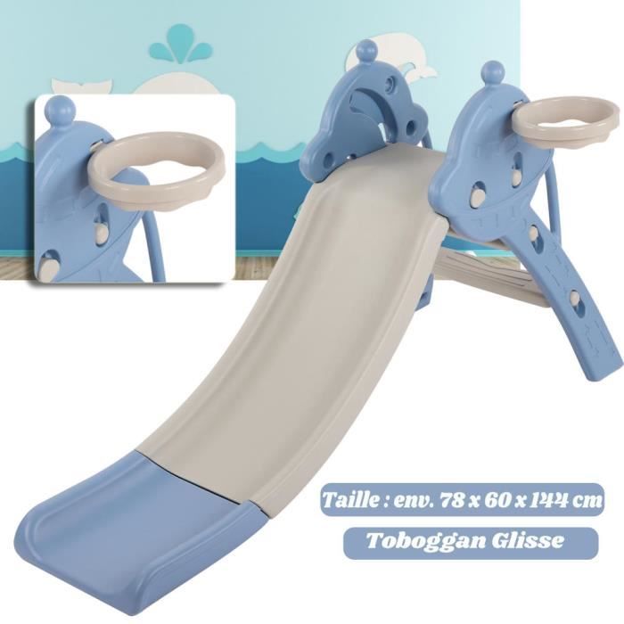 Toboggan Pour Enfants – Grand Toboggan Bleu Avec Panier De Basket – Pour Tout-petits 1 à 3 Ans – Escalier, Télescope, Rangement Intégré – Intérieur Et Extérieur