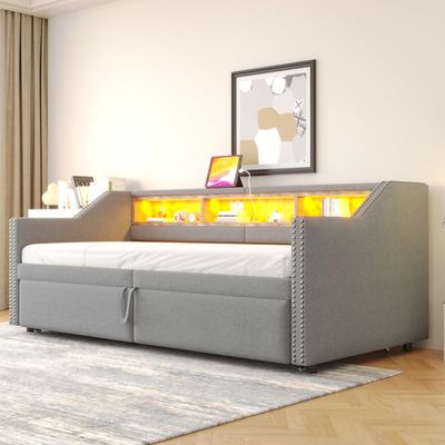 Canapé-lit Convertible Avec Rangements Et LED - 90/180x190 Cm, Gris Foncé, Couchage Flexible, Prise Intégrée - 7