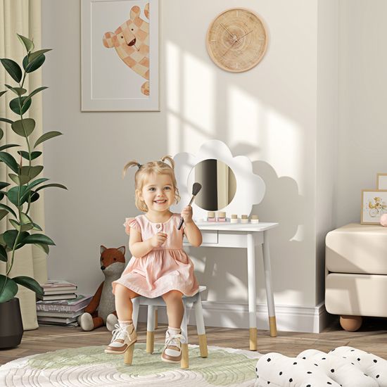 Coiffeuse Enfant Relaxdays 110x50x30cm - Blanc Avec Miroir Et Tabouret - 3 Tiroirs - Dès 3 Ans