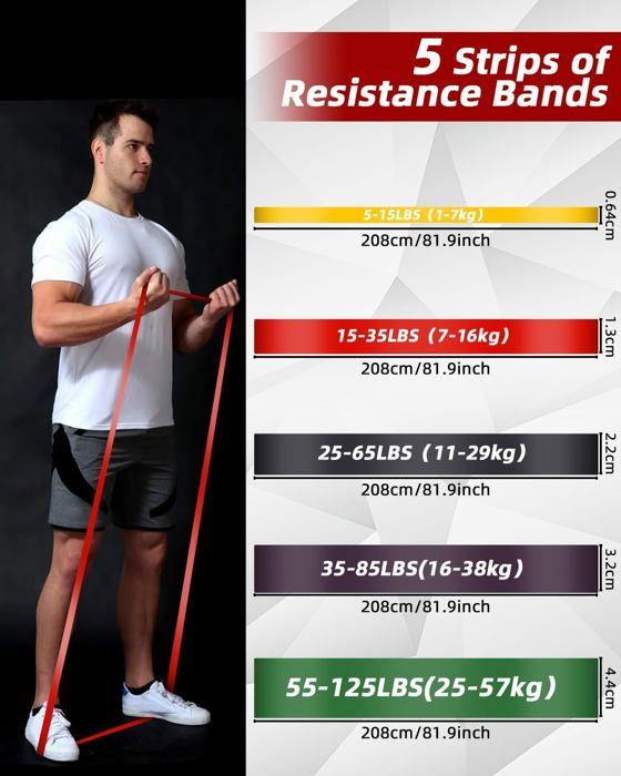 Set De 5 Bandes De Résistance élastiques - Niveaux De Force Différents (23 à 57 Kg) - Avec Ancrage De Porte, Poignées Et Guide - Pour Musculation, Pilates, Yoga