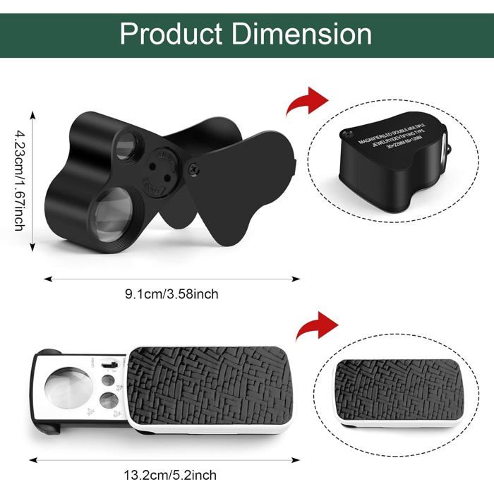 VIVOSUN Lot de 2 loupes de bijoutier Pliables avec lumière LED pour Bijoux, Pierres précieuses, Montres, pièces de Monnaie, Timbres, antiquités, Noir