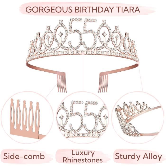 Couronne Anniversaire Tiara Cristal Or Rose + Écharpe Reine – Kit Fête Princesse Éclatante