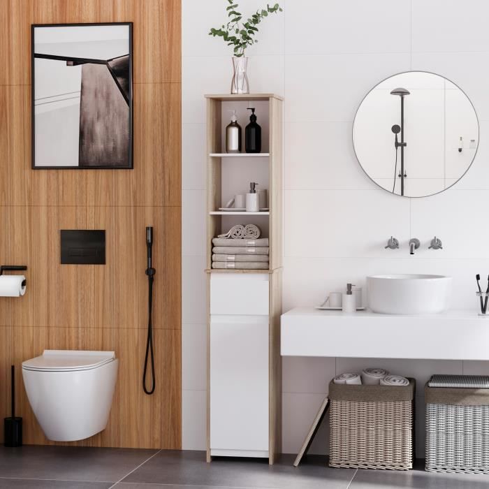 Meuble colonne rangement salle de bain style cosy 3 niches tiroir placard avec  étagère blanc aspect chêne clair - Cdiscount Maison