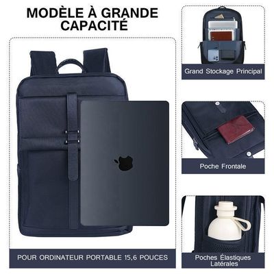 Sac à Dos Grand Format Pour Ordinateur Portable 15.6" - Voyage, école, Affaires, Noir, Port USB