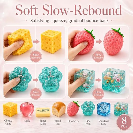 8 PCS Squishy Box, Squis - Stress réalistes à Presser, à remontée Lente, Douces et Mignonnes, idéales comme Cadeaux ou Souvenirs - Jeux - Jouets