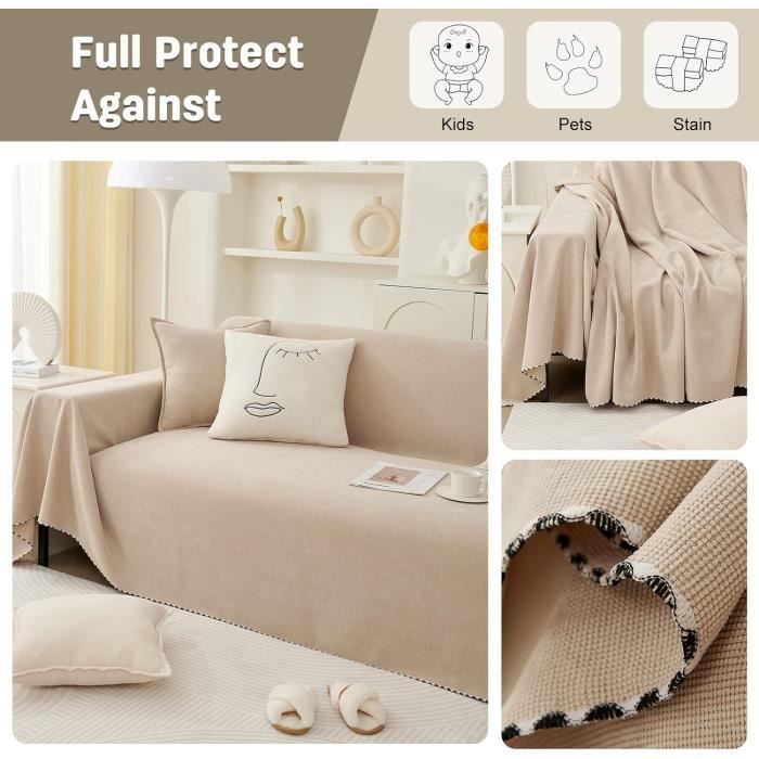 Housse De Canapé VanderHOME Grande Taille 180x340 Cm – Réversible, Avec Glands, Polyvalente (1 à 4 Places), Vert