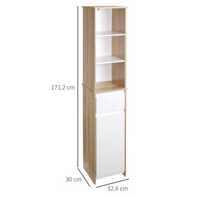 Kleankin Meuble Salle De Bain Sur Pieds Épingles – Armoire Étroite 1 Niche + 1 Placard, Naturel Et Blanc, 31,5x30x91 Cm