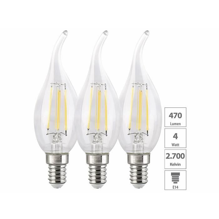 3 ampoules bougie E14 4 W 470 lm blanc chaud, Filament à LED
