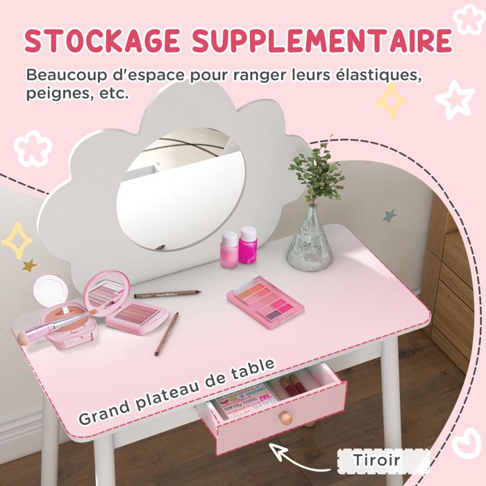 2 en 1 Bureau Enfant avec Chaise & Miroir en Forme Nuage, Coiffeuse Enfants avec Étagère & Tiroirs & Armoire Fermée, Charge 50kg | Leroy Merlin
