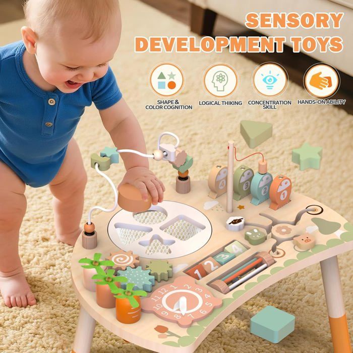 Table d'Activité Bébé Montessori en Bois, Jouet Bébé 1 an avec Labyrinthe de Perles, Trieur de Formes et Train Animaux,Table - Jeux - Jouets Table d'Activité Bébé Montessori en Bois, Jouet Bébé 1 an avec Labyrinthe de Perles, Trieur de Formes et Train Animaux,Table - Jeux - Jouets