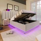 SEYAKANY Lit coffre en Lin 160x200cm avec grande tête de lit,lit hydraulique rangement avec sommier,cadre de lit avec éclairage LED ,Beige