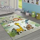 Tapis pour enfant - Beige crème - Ø 133 cm carré - Motif Jungle Animaux - Polypropylène - Intérieur - PACO HOME