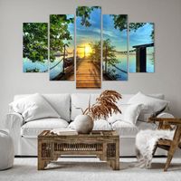 Impression sur toile - Image sur Toile - 5 Parties - Lac coucher de soleil bateau paysage - 150x100cm  Tableau Mural Sans cadre